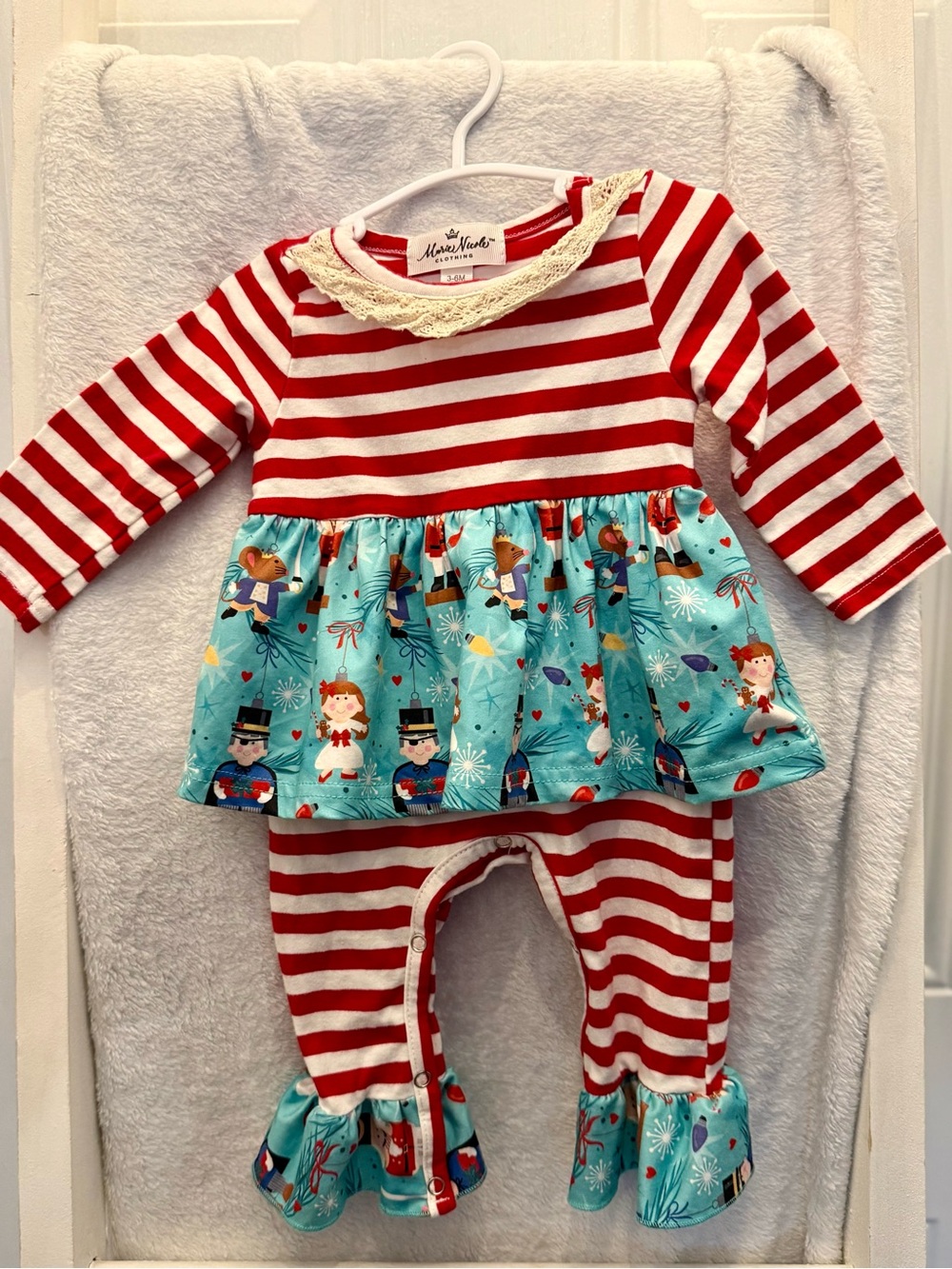 Marie Nicole Red Stripe Nutcracker Christmas Baby One-Piece 3-6 month